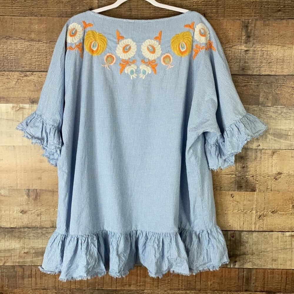 Zara Woman Blue White Gingham Check Floral Embroidered Tunic Top SZ Medium - Picture 7 of 11
